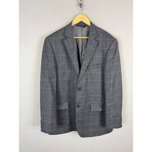 Alfred Sung Mens Grey Windowpane Wool Silk Linen Blend Blazer Jacket 44 X-Long